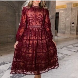 Ivy City Sicily Burgundy Red Embroidered Lace Long Sleeve Christmas Dress SZ XXL